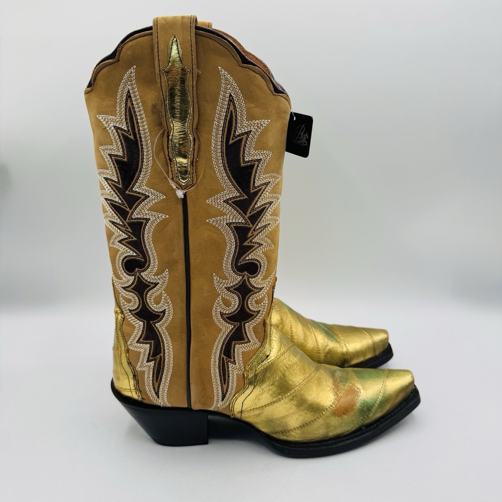 Dan Post Genuine Eel Exotic Boots Women's Size 9 Crackle Gold Metallic Leather - Picture 16 of 16